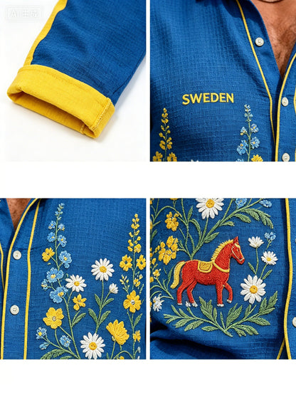 Herrskjorta med midsommarblommönster och våffelstruktur, långärmad