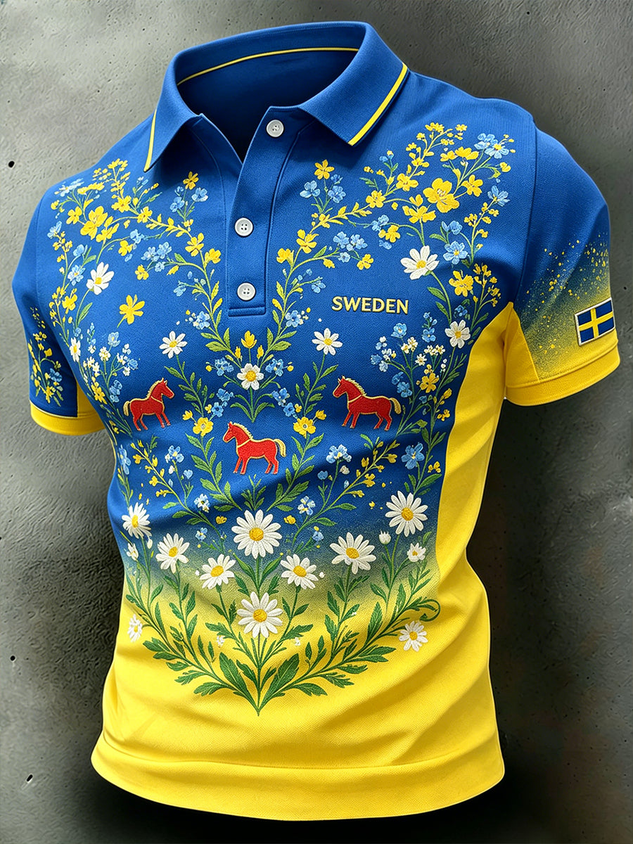 Herrpolskjorta med midsommarblommönster