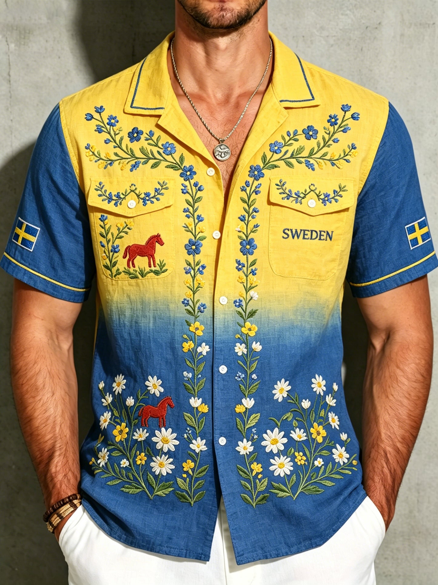 Herrskjorta i bomull-linne med midsommarblommönster