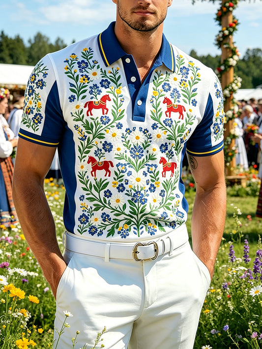 Herrpolskjorta med midsommarblommönster