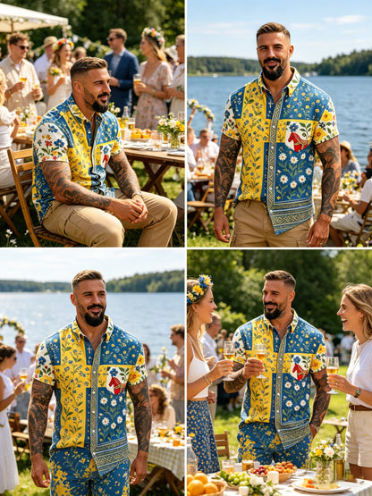 Herrtröja med korta ärmar och konstprint som hyllar den svenska midsommarfesten