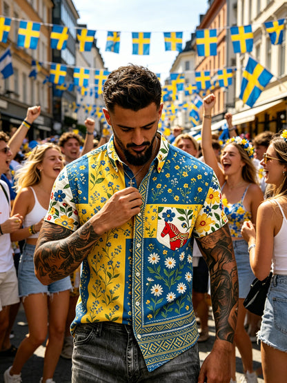 Herrtröja med korta ärmar och konstprint som hyllar den svenska midsommarfesten
