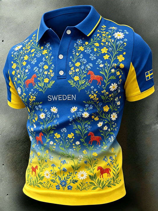 Herrpolskjorta med midsommarblommönster
