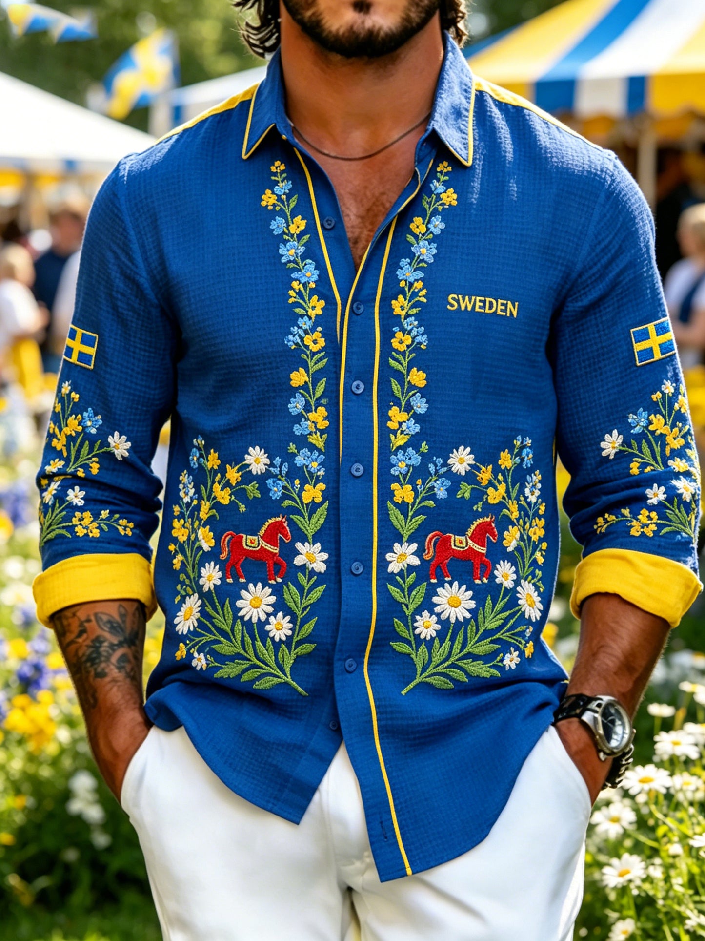 Herrskjorta med midsommarblommönster och våffelstruktur, långärmad