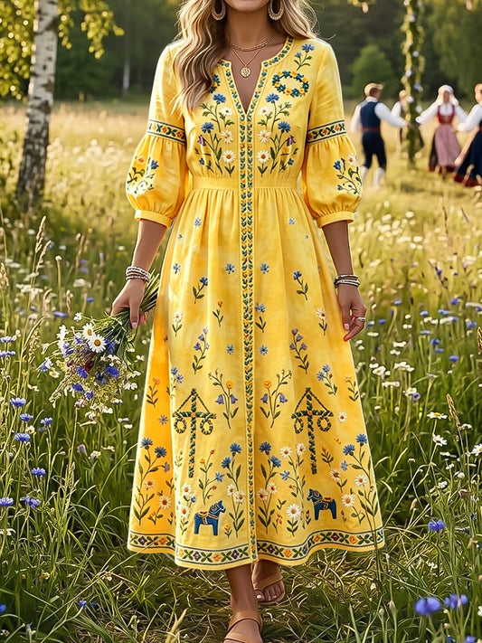 Kvinnors Vintage Svenska midsommar blomsterkarusell konst V-hals klänning