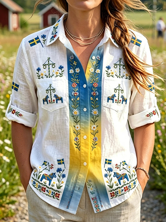 Kvinnors Vintage Svenska Midsommar Floral Konst Casual Blus