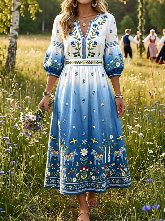 Kvinnor Retro midsommar blomsterkarusel Gradient Art V-hals klänning