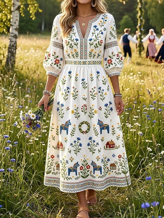 Kvinnors Vintage Svenska midsommar Floral Print V-Hack klänning
