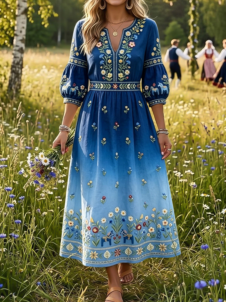 Kvinnor Retro Svenska midsommar Floral Gradient Art V-hals klänning