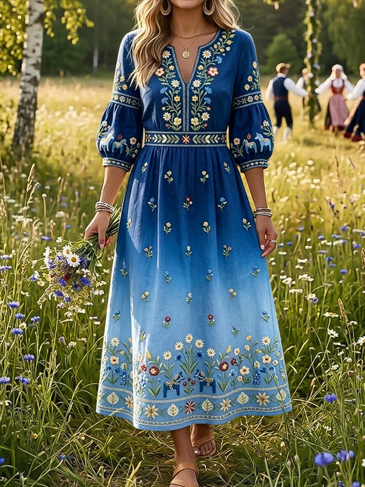 Kvinnor Retro Svenska midsommar Floral Gradient Art V-hals klänning