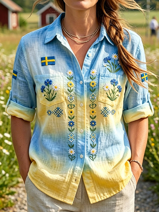 Kvinnor Retro Svenska midsommar Floral Tie-Dye Casual skjorta