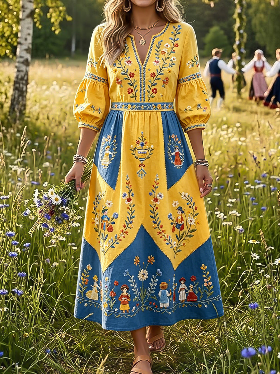 Kvinnors Retro midsommar Floral Patchwork konst V-hals klänning