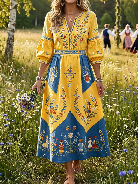 Kvinnors Retro midsommar Floral Patchwork konst V-hals klänning