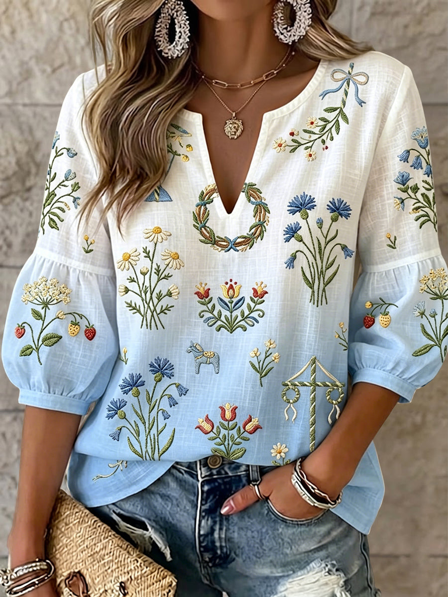 Kvinnor Retro midsommar Floral Gradient Art V-hals topp