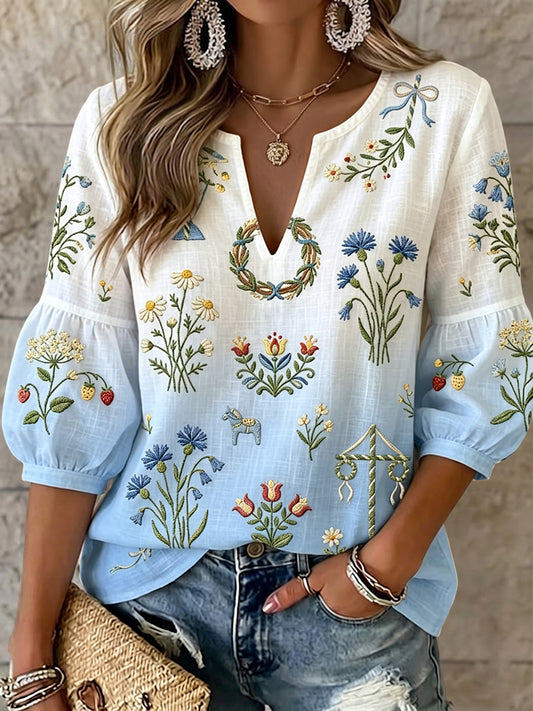Kvinnor Retro midsommar Floral Gradient Art V-hals topp