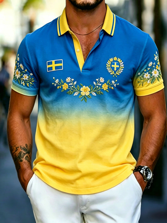 Herr Retro Svenska Midsommar Gradient Casual Polo tröja