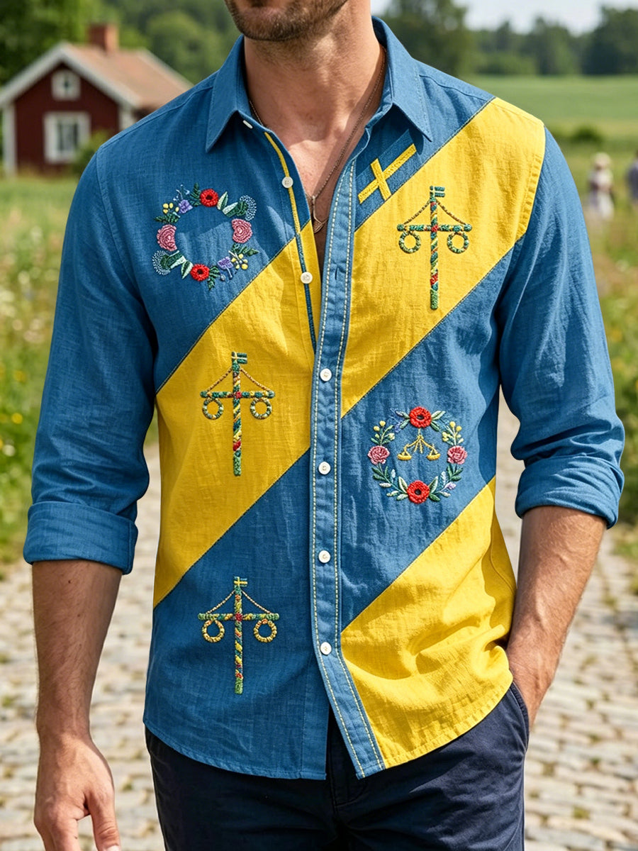 Mäns Vintage Svenska midsommar Blomma kran Lappverk Casual tröja