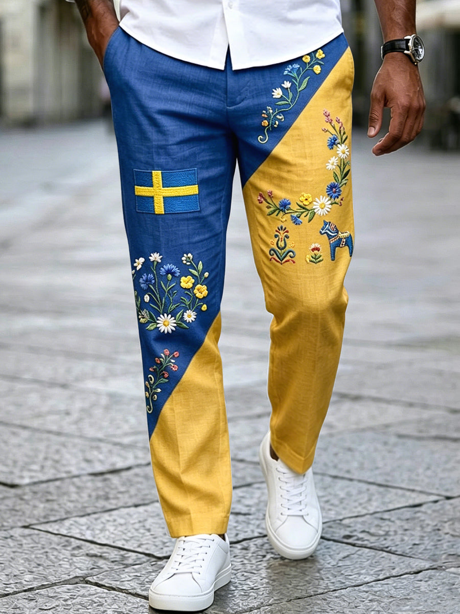 Herr Retro Svenska midsommarkran Lappverk bomull-Linen Casual Byxor