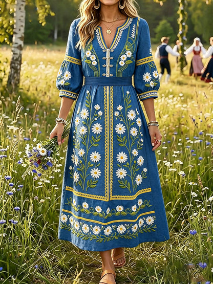 Damer Sverige Blommiga konsttryck Linneklänningar