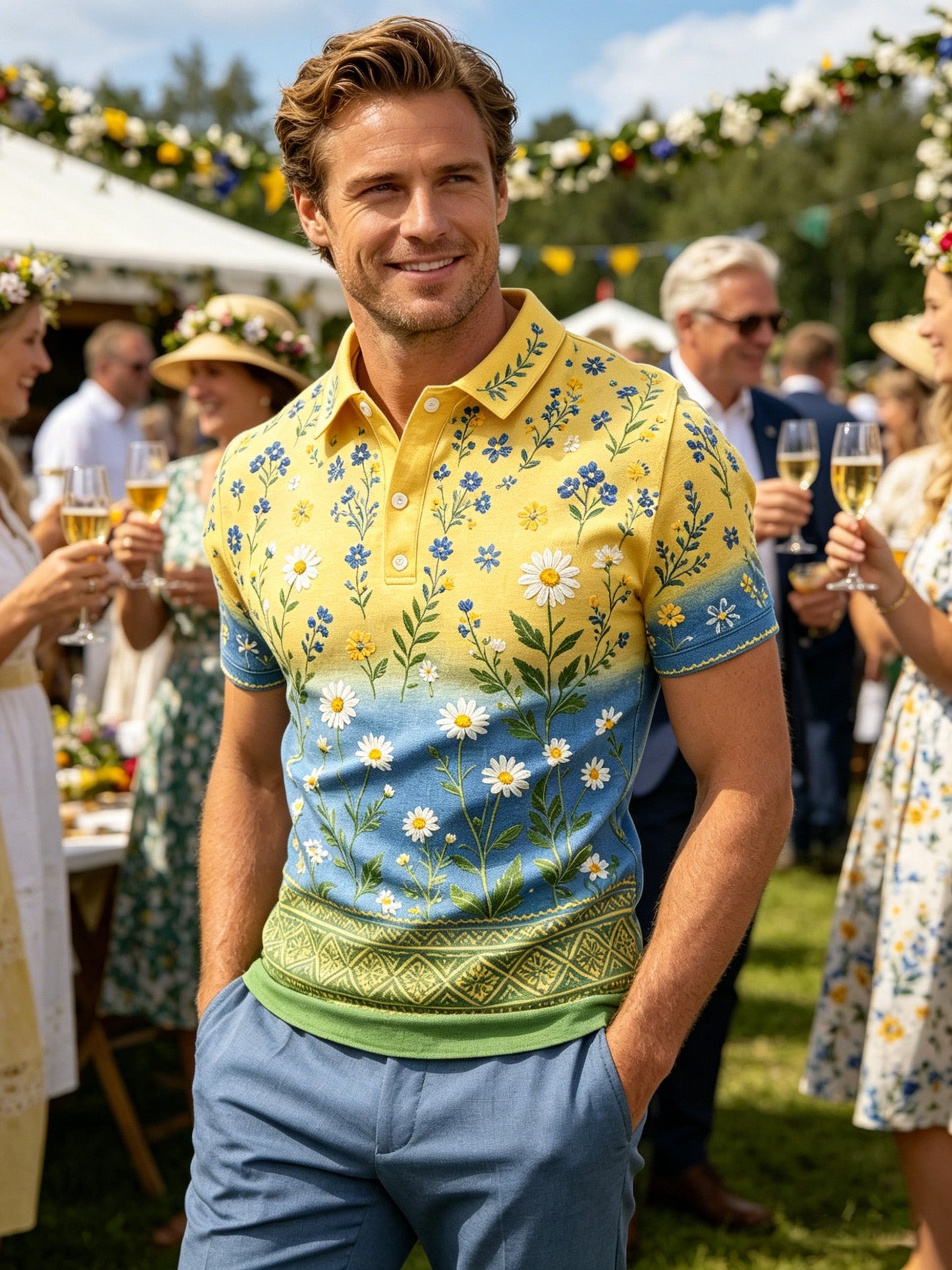 Herrpolotröja med konsttryck – Svensk midsommarfest