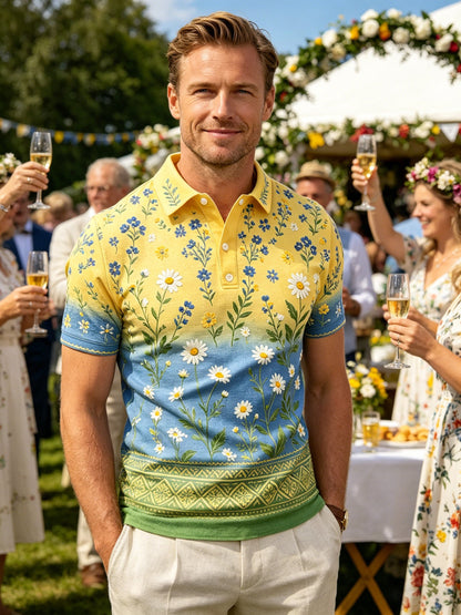 Herrpolotröja med konsttryck – Svensk midsommarfest