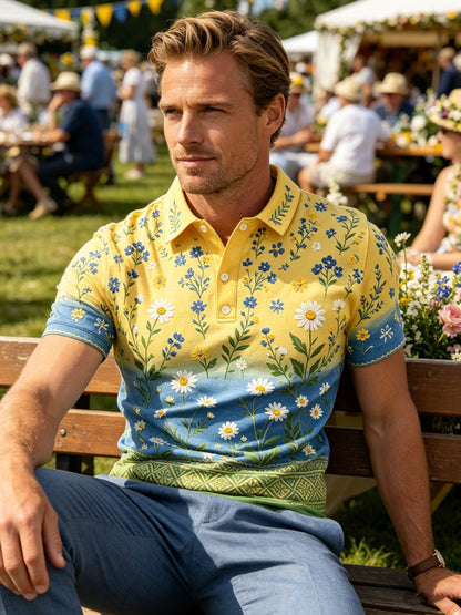 Herrpolotröja med konsttryck – Svensk midsommarfest