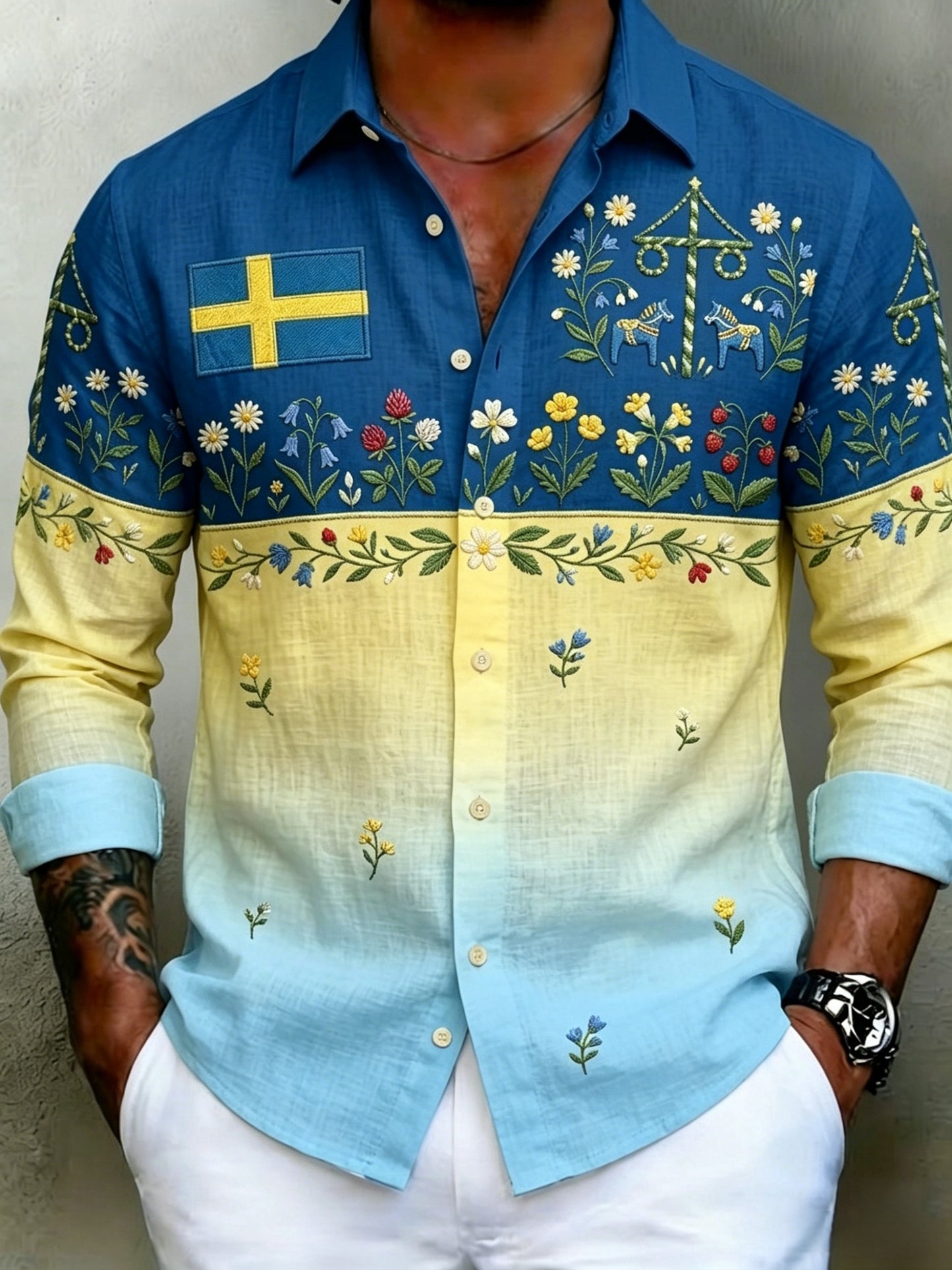 Herrretro svensk midsommarfolkaldrigblommig bomull-linne skjorta med långa ärmar
