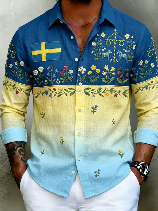 Herrretro svensk midsommarfolkaldrigblommig bomull-linne skjorta med långa ärmar