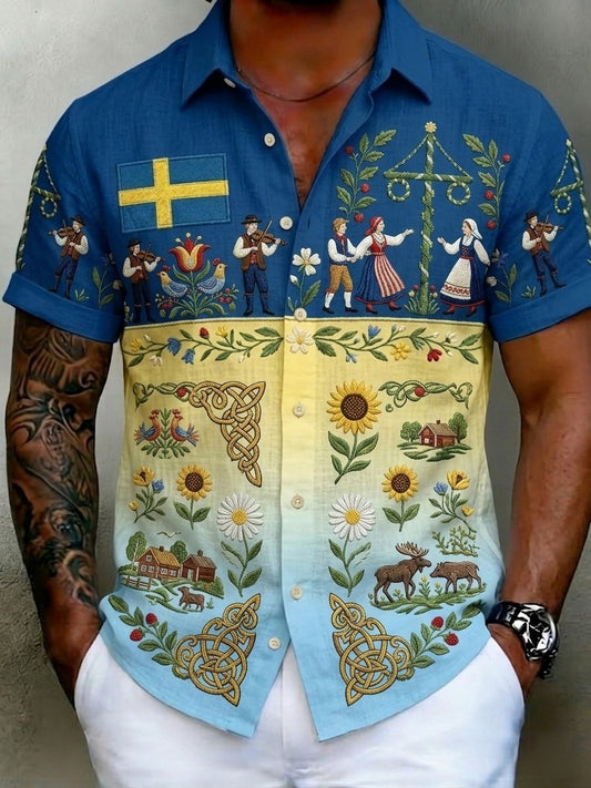 Herrretro svensk midsommarfolkaldrigblommig bomull-linne skjorta med korta ärmarna