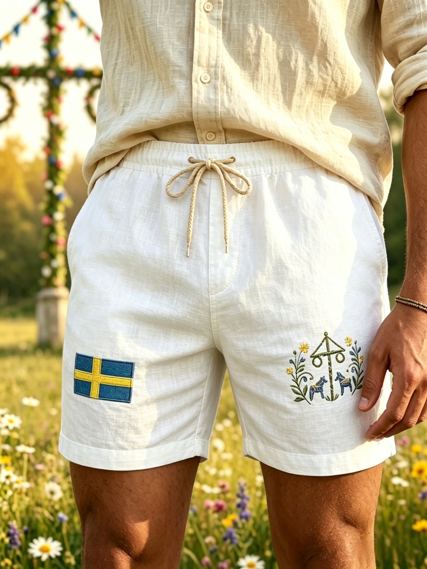 Herrar Retro Svenska Midsommar Folkal Blommig Bomull-Linne Korta Byxor