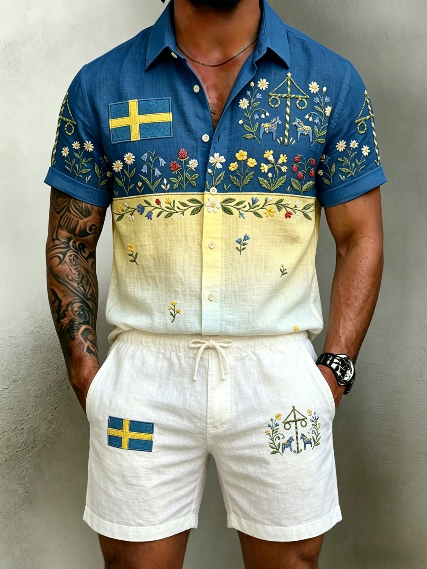Herrar Retro Svenska Midsommar Folkal Blommig Bomull-Linne Korta Byxor