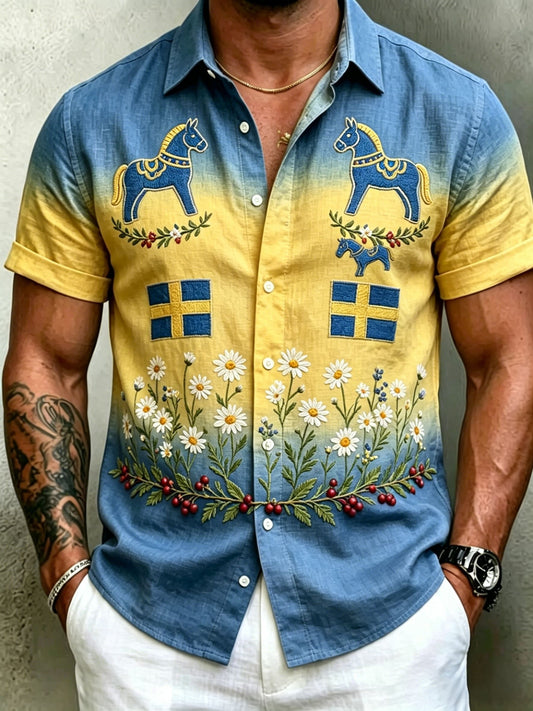Herrretro svensk midsommarfolkaldrigblommig bomull-linne skjorta med korta ärmarna