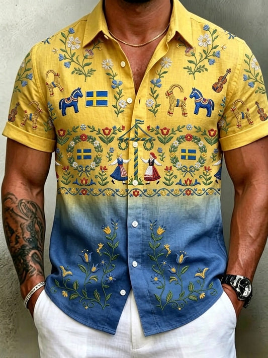 Herrretro svensk midsommarfolkaldrigblommig bomull-linne skjorta med korta ärmarna