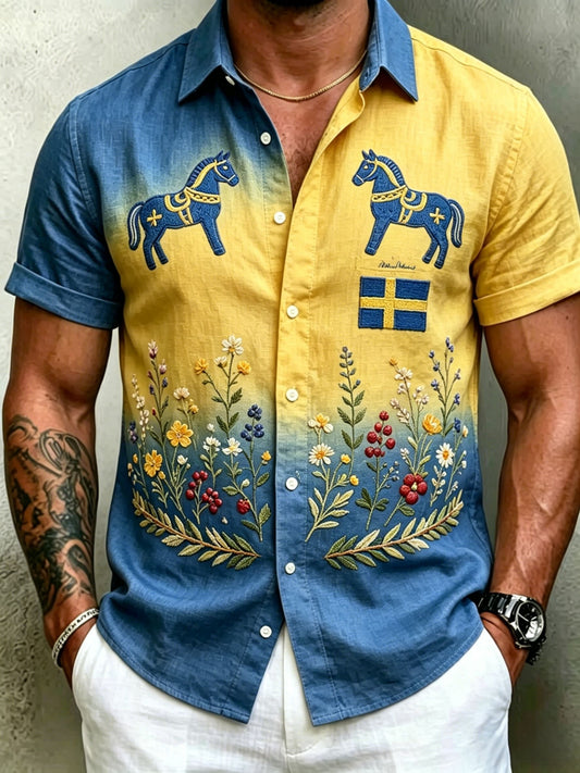 Herrretro svensk midsommarfolkaldrigblommig bomull-linne skjorta med korta ärmarna