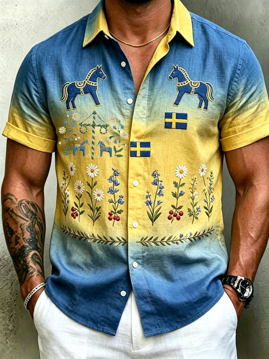 Herrretro svensk midsommarfolkaldrigblommig bomull-linne skjorta med korta ärmarna
