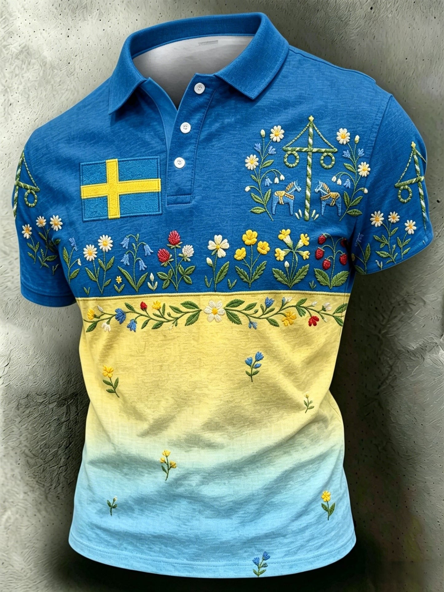 Herrretro svensk midsommarfolkaldrigblommig bomull-linne polotröja med korta ärmarna