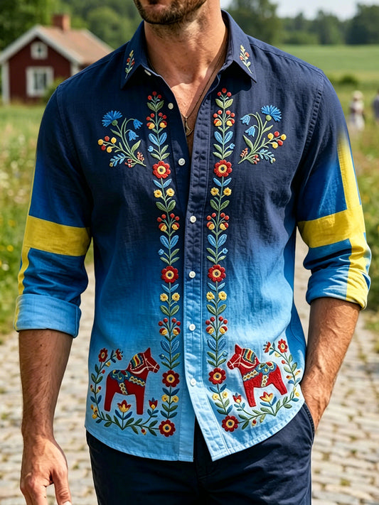 Herrretro svensk midsommarblommig karusellavslappnad skjorta