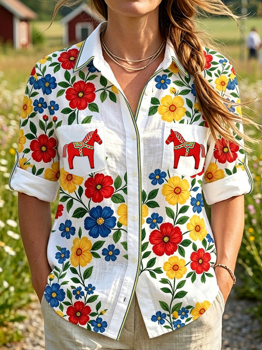 Dams retro svensk midsommarblommig karusellavtryck fritidsskjorta