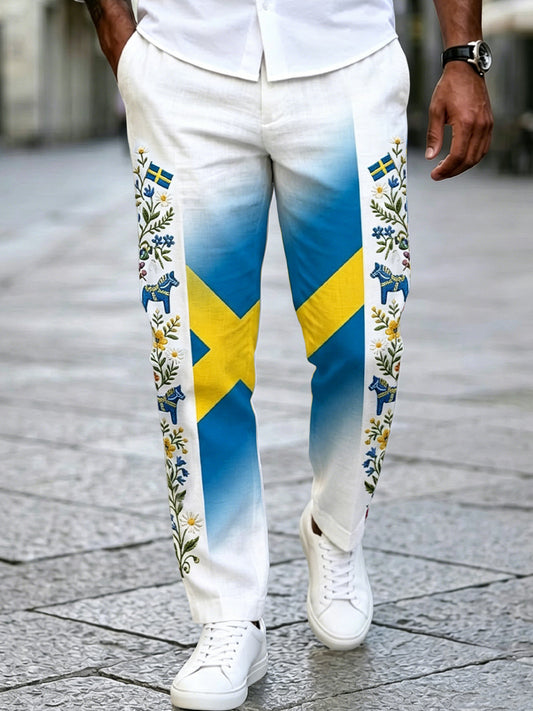 Herrpajamas i retrostil, svensk midsommar, lapptäcke, bomull-linne, lediga byxor