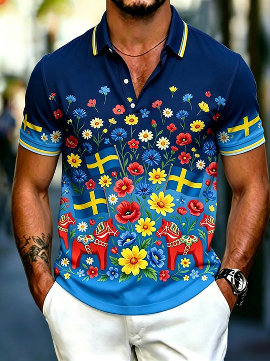 Herrretro svensk midsommarblommig karusell avslappnad polotröja