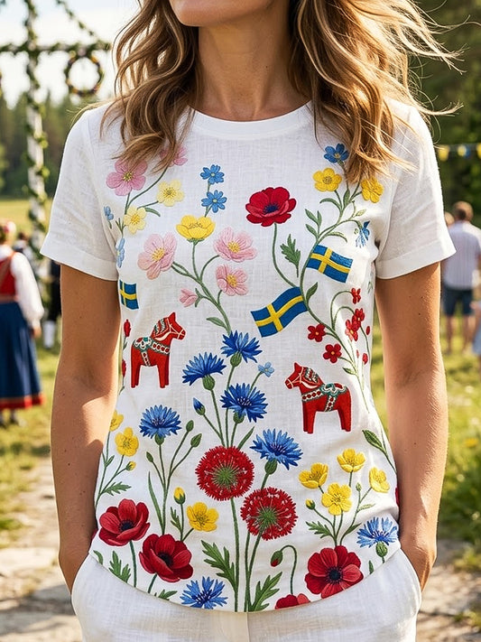 Dams retro svensk gungtupp midsommarblommig casual t-shirt