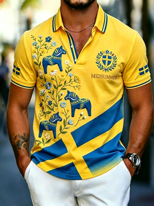Herrretro svensk midsommarplock fritidspolotröja