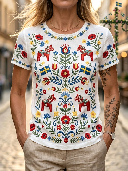 Damer Retro Svensk Midsommar Blommig Karusell Fritidströja