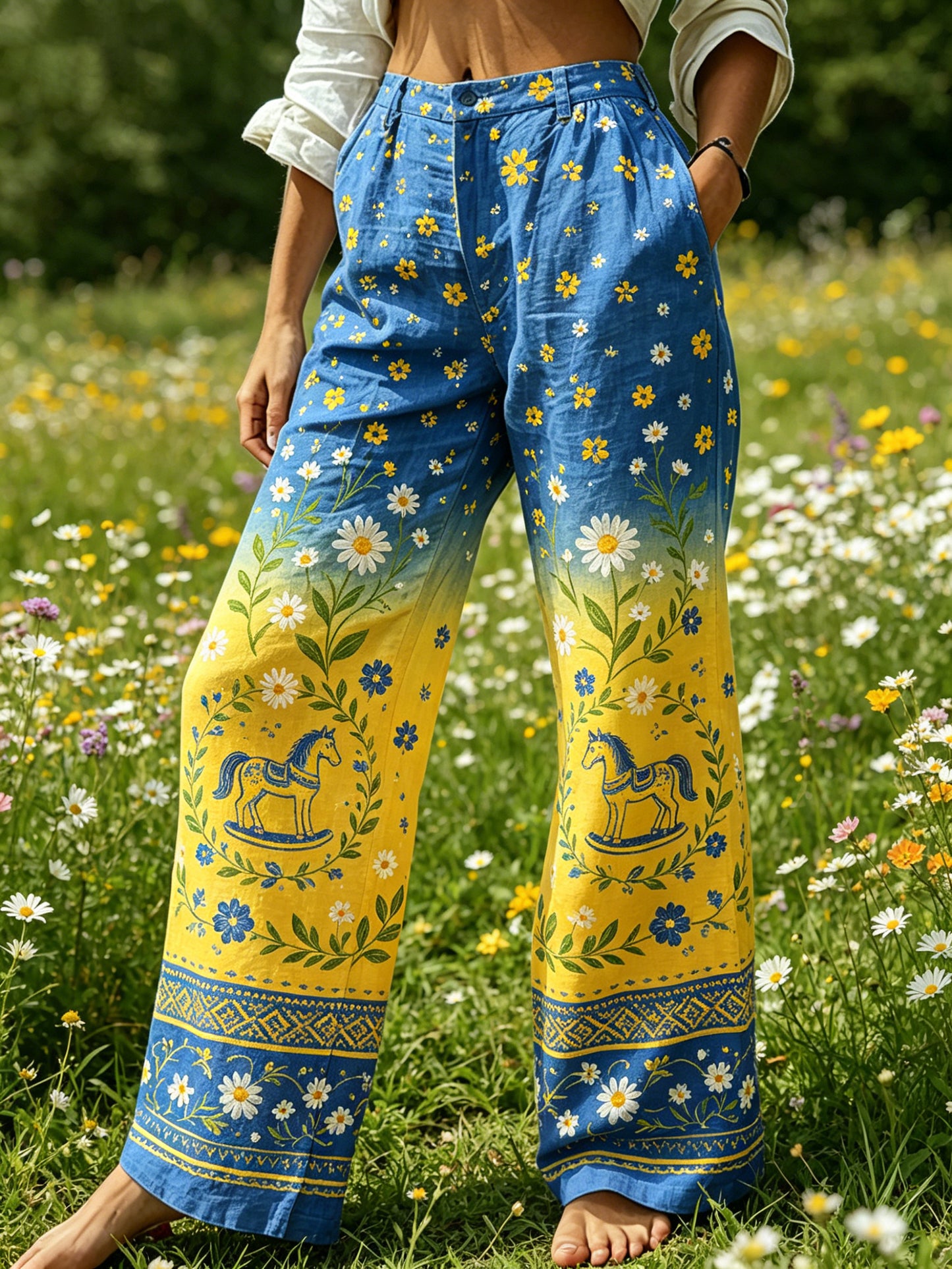 Damer Midsommarfest Blommig Färggradient Bomull Linne Avslappnade Byxor