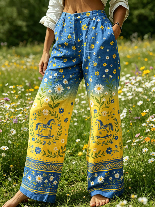 Damer Midsommarfest Blommig Färggradient Bomull Linne Avslappnade Byxor
