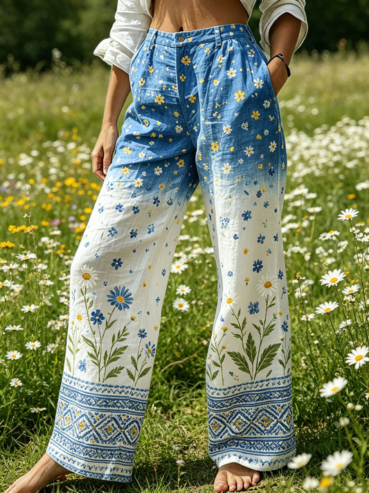 Damer Midsommarfest Blommig Färggradient Bomull Linne Avslappnade Byxor