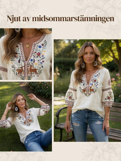 Dams off-white traditionell broderad tryckt avslappnad T-shirt i bomull-linne med V-ringning