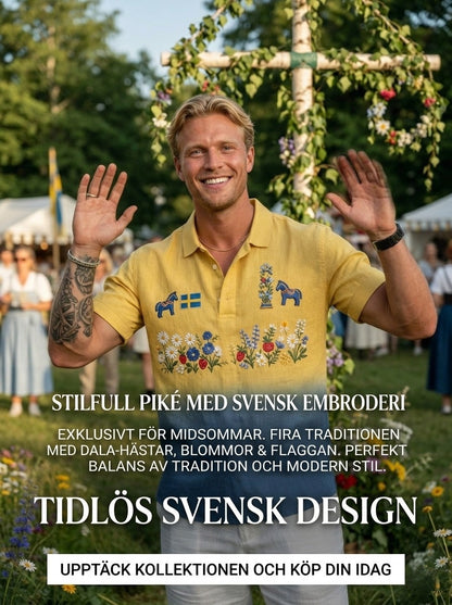Herrretro svensk midsommar bomull-linne polotröja med korta ärmarna
