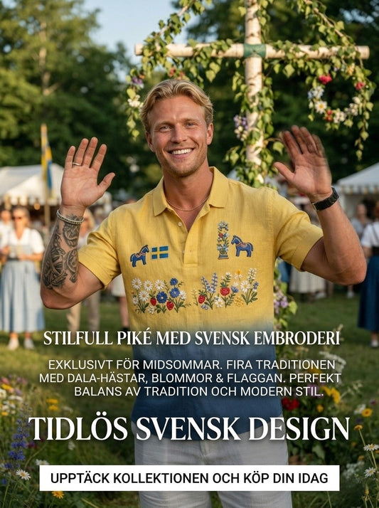 Herrretro svensk midsommar bomull-linne polotröja med korta ärmarna