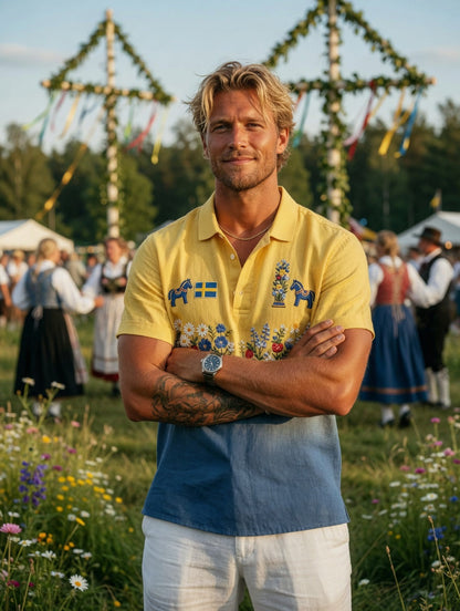 Herrretro svensk midsommar bomull-linne polotröja med korta ärmarna